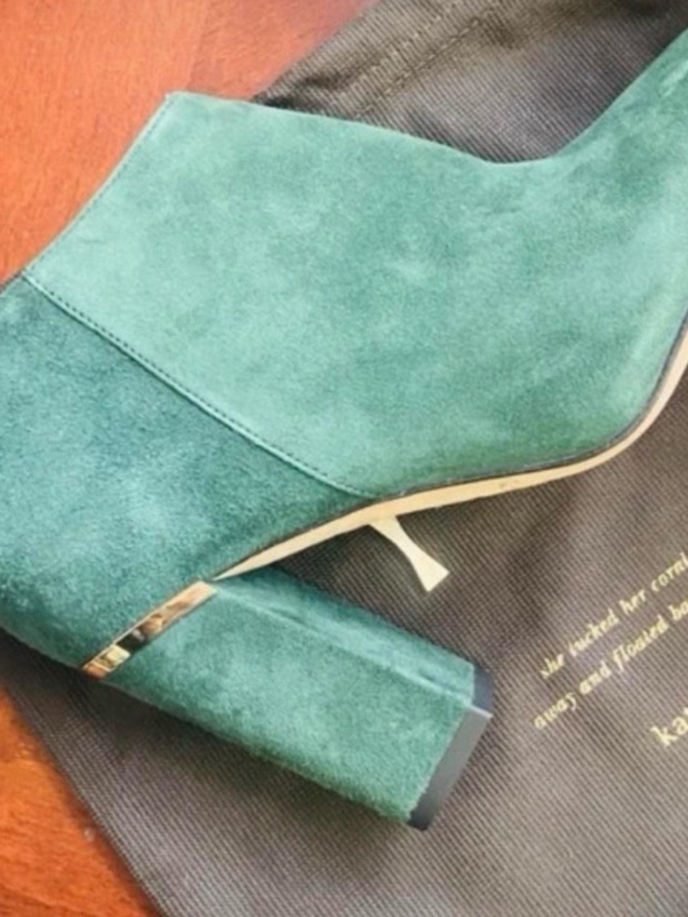 kate spade Teal Suede Block Heel Ankle Boots with Gold Accent